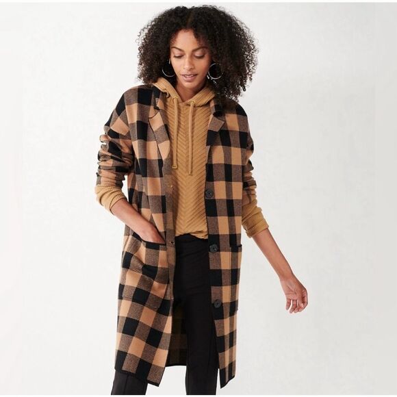 NINE WEST Plaid Sweater Long Car Coat Cardigan black/tan Size S - Picture 2 of 10